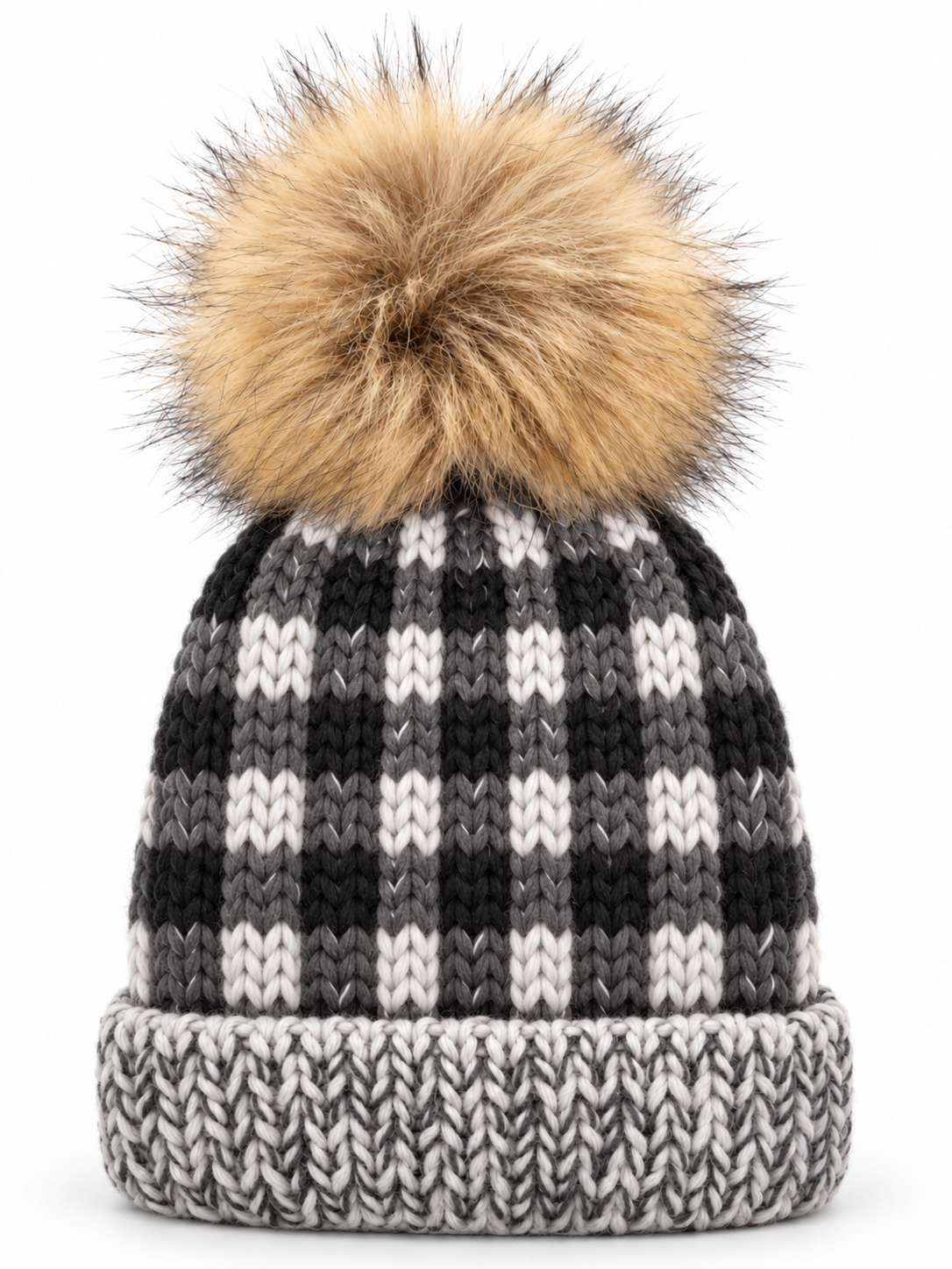 Buffalo Check Fur Pom Hat, Grey