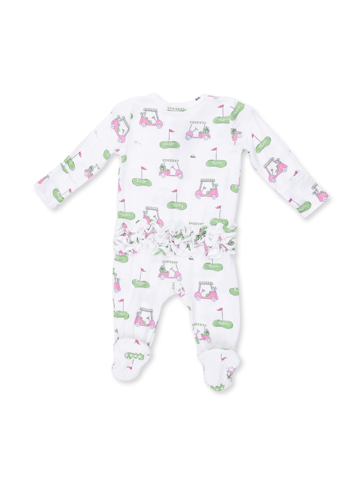 White baby romper with golf-themed print featuring golf carts and flags, accented with ruffled trim at the waist.