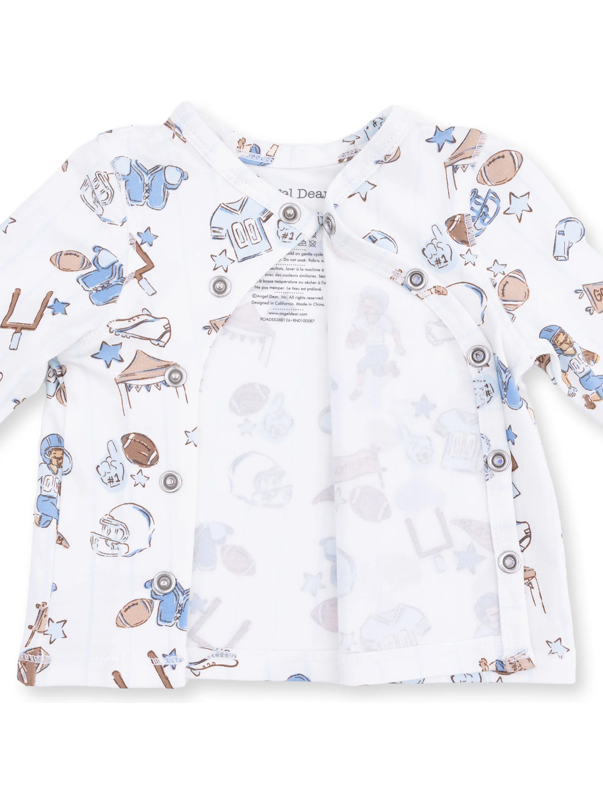 White button-up shirt featuring colorful sports-themed graphics, including footballs and helmets.