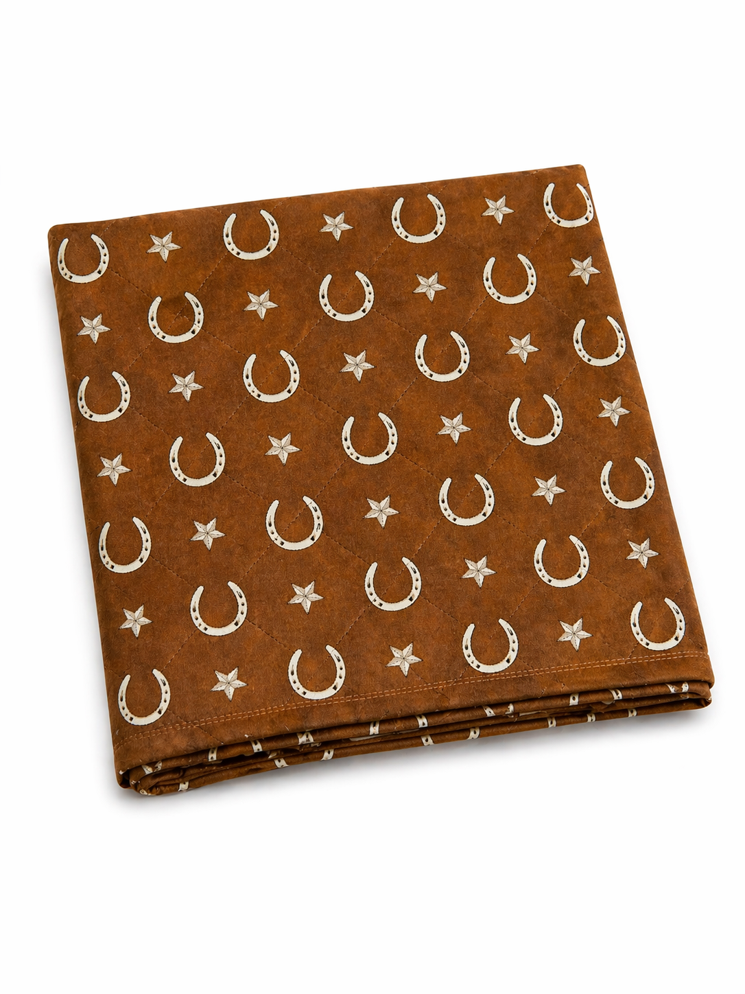 Brown fabric folded with white horseshoe and star patterns, ideal for decorative or craft uses.