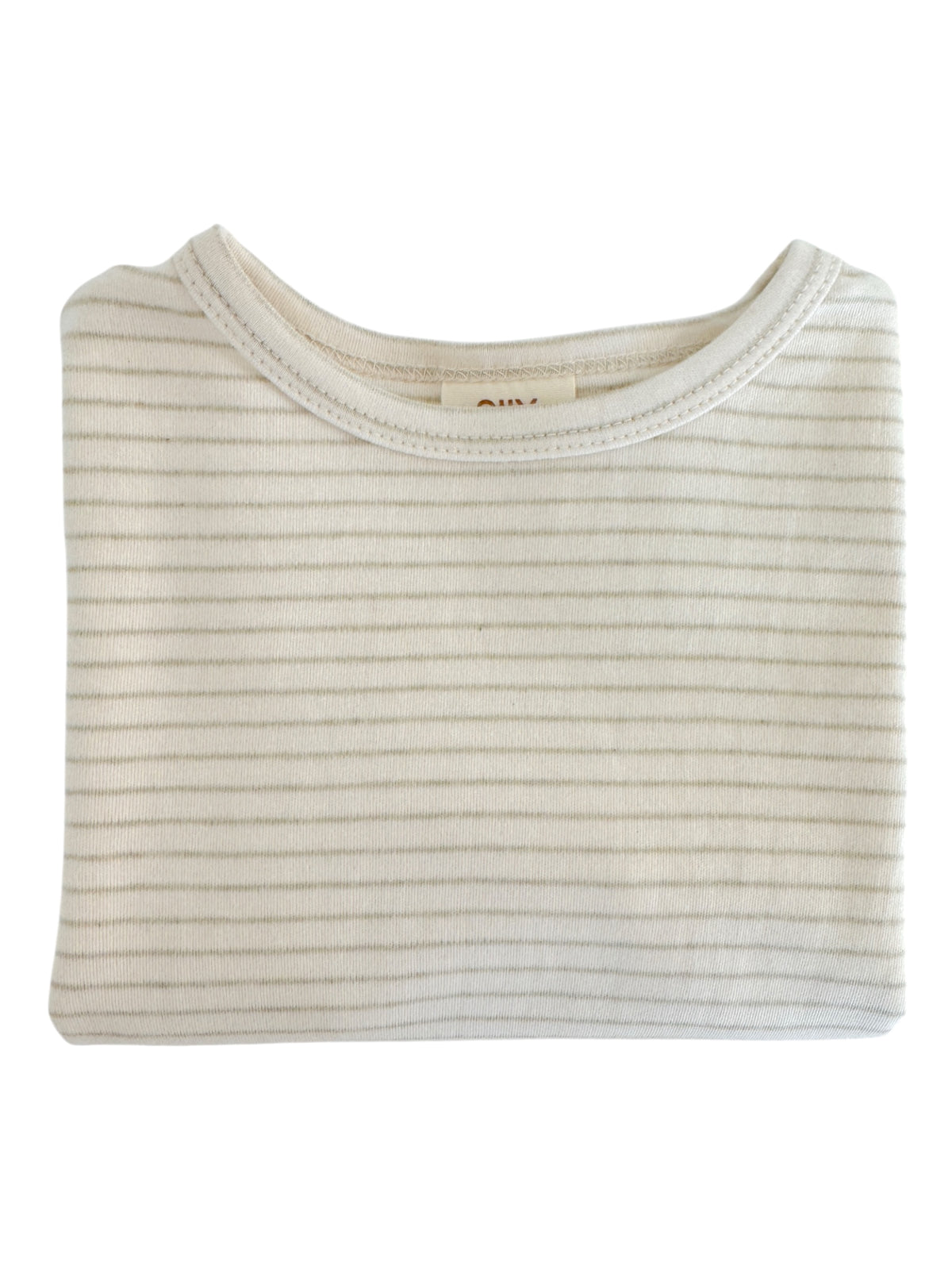 Folded light striped shirt on a white background.
