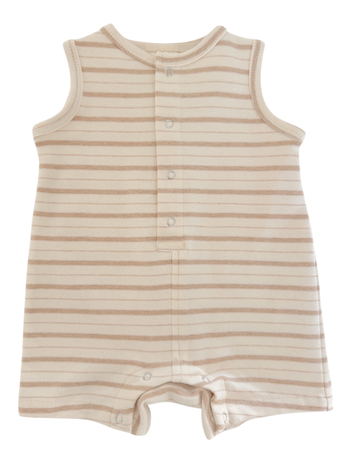 Beige-striped infant romper with sleeveless design and snap closures down the front and between the legs.