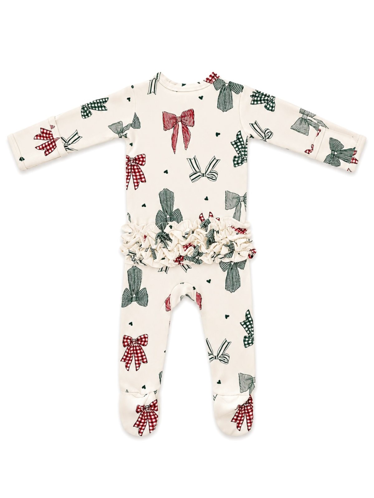 Infant onesie with festive bow patterns in red and green on a cream background, featuring ruffled waist details.