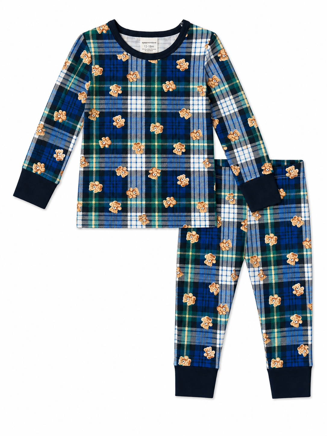 Blue plaid pajamas with teddy bear print for infants, featuring long sleeves and matching pants.
