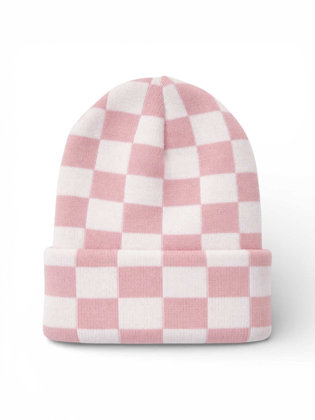 Pink and white checkered beanie hat, folded at the brim, displayed on a white background.