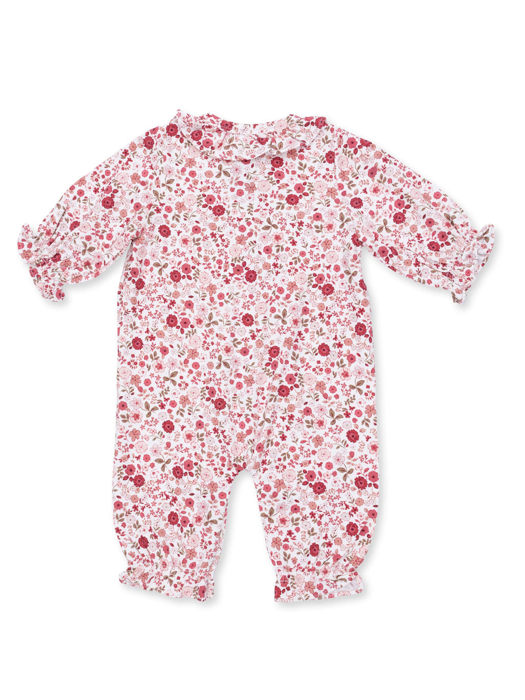 Floral baby romper in pink and white, featuring long sleeves and gathered cuffs.