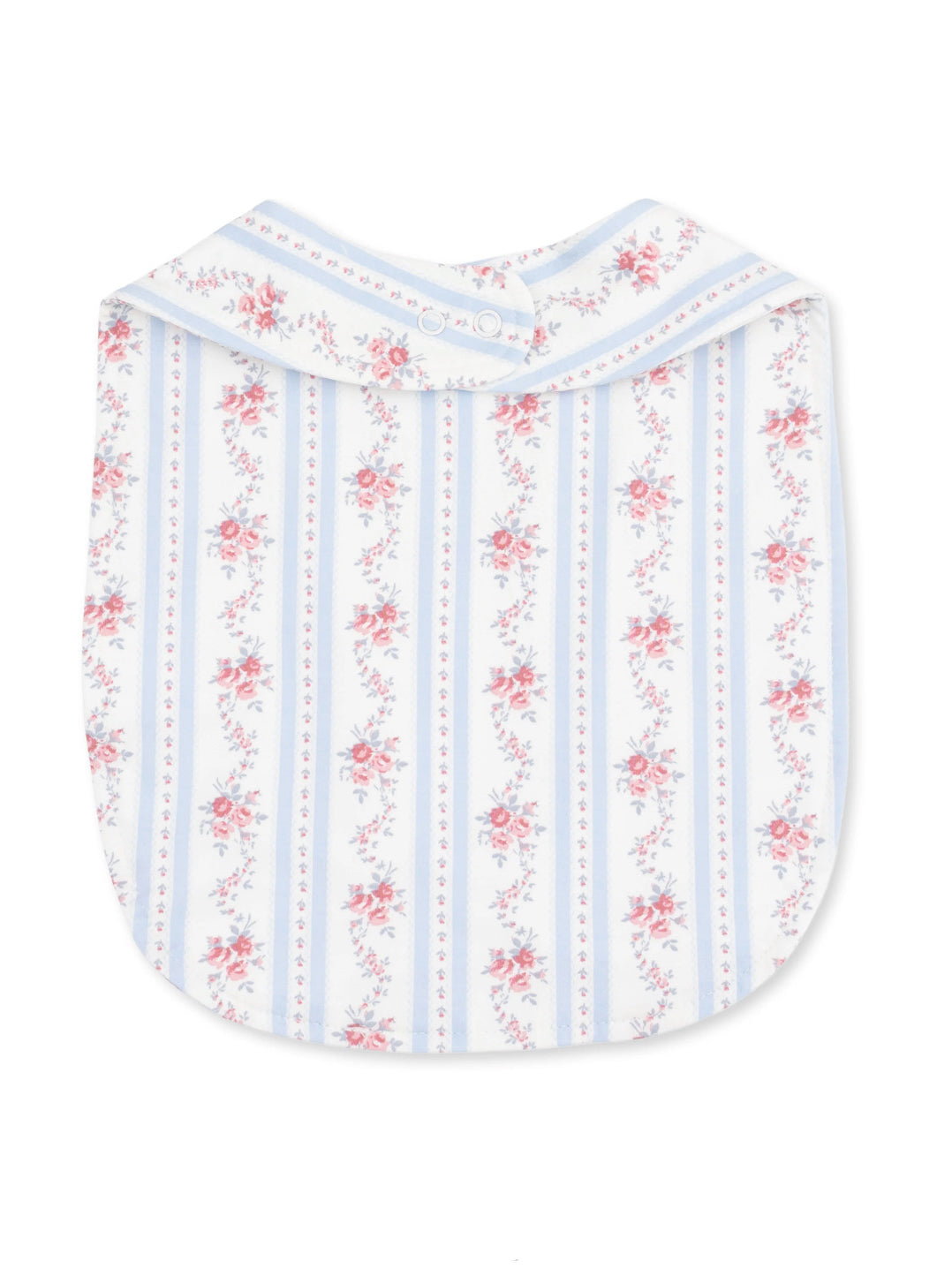 Floral-patterned baby bib with a light blue and white striped design and a rounded collar.