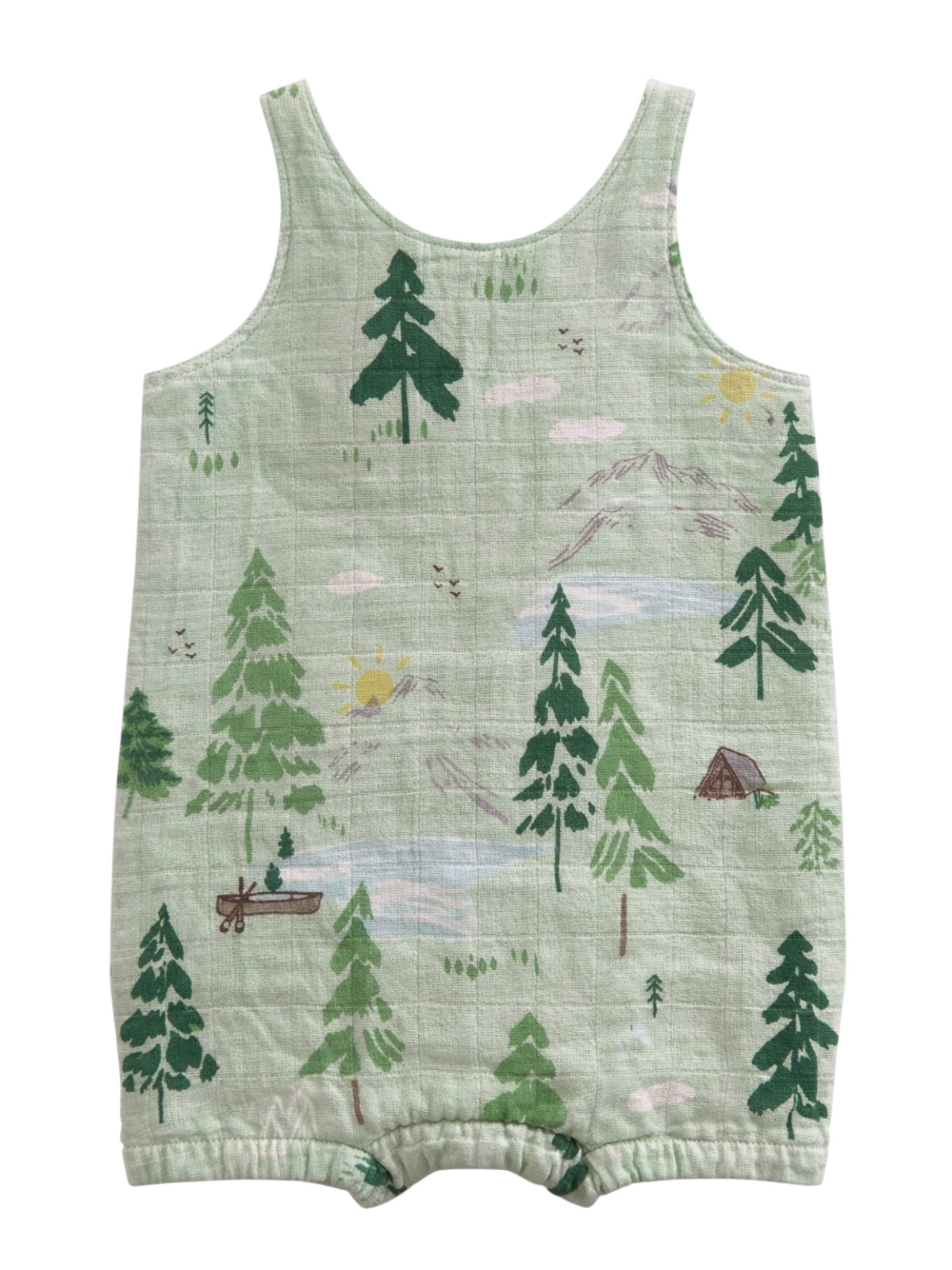 Light green one-piece romper featuring a nature-themed print with trees, mountains, a sun, and a canoe.