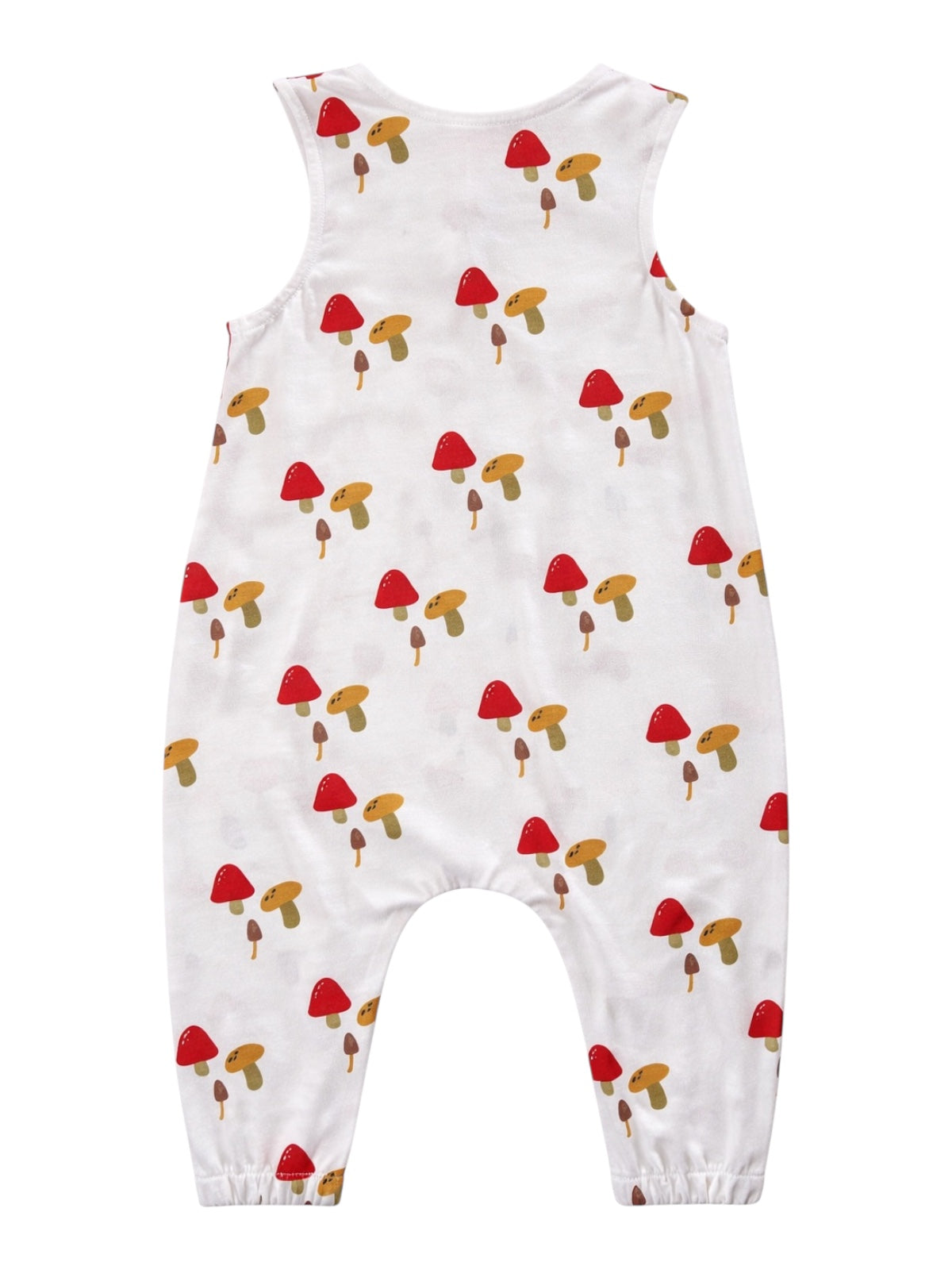 White romper featuring a playful mushroom print in red, brown, and green hues. Ideal for casual wear.