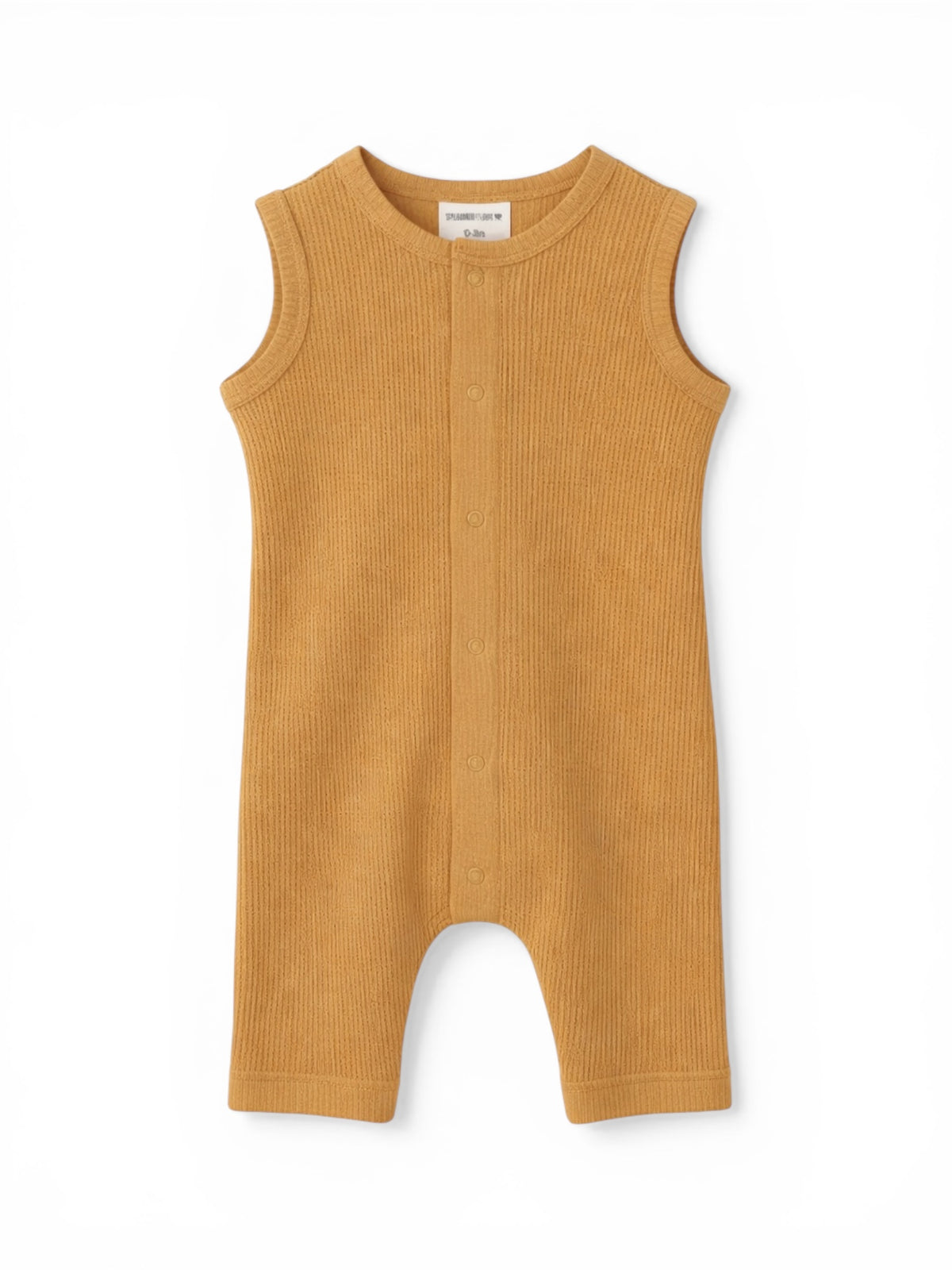 Mustard-colored infant romper with ribbed texture and snap buttons down the front. Suitable for warm weather.
