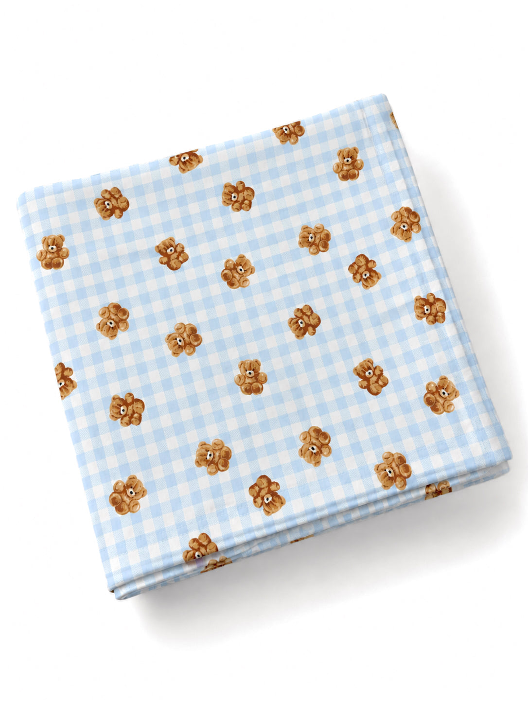 Light blue gingham fabric featuring cute teddy bear motifs scattered across the surface.