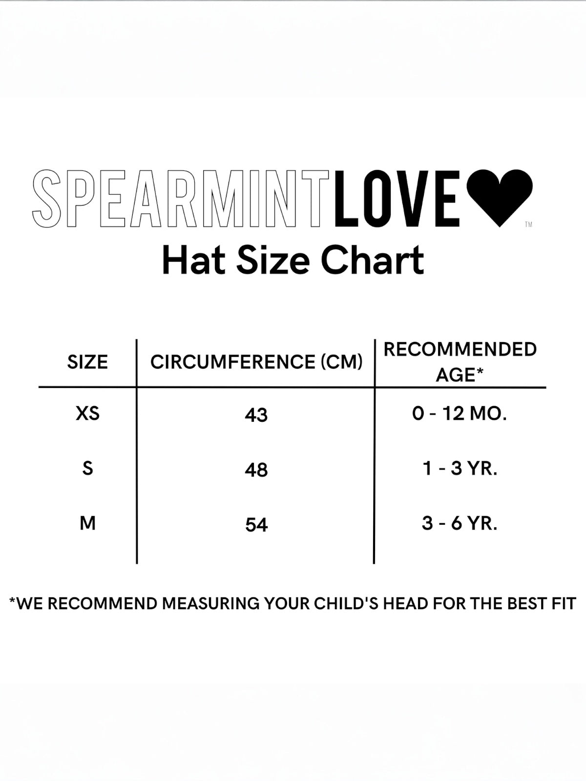 Hat size chart for Spearmint Love showing sizes, circumference in cm, and recommended ages for children.