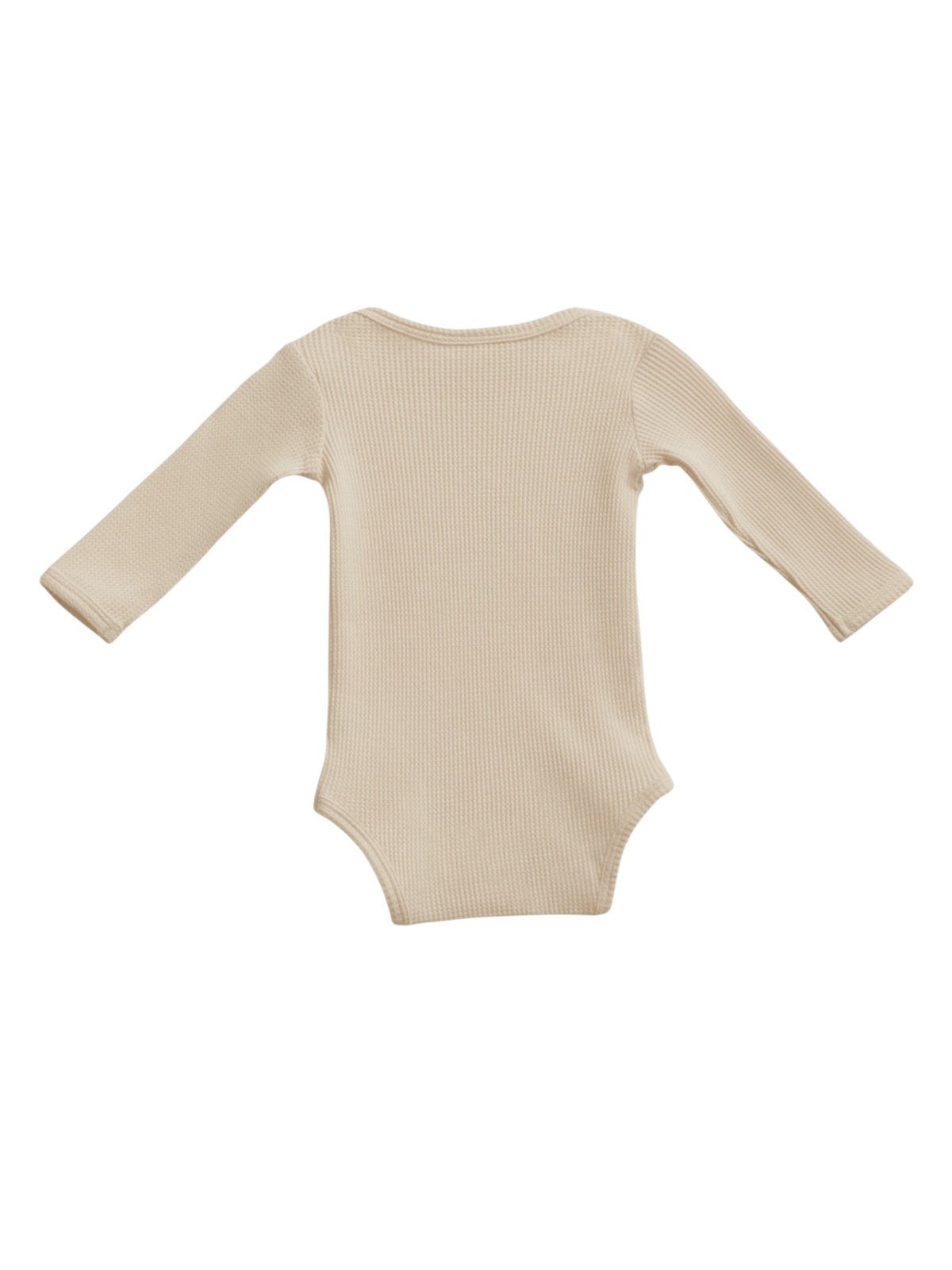 Beige long-sleeve ribbed baby onesie viewed from the back.
