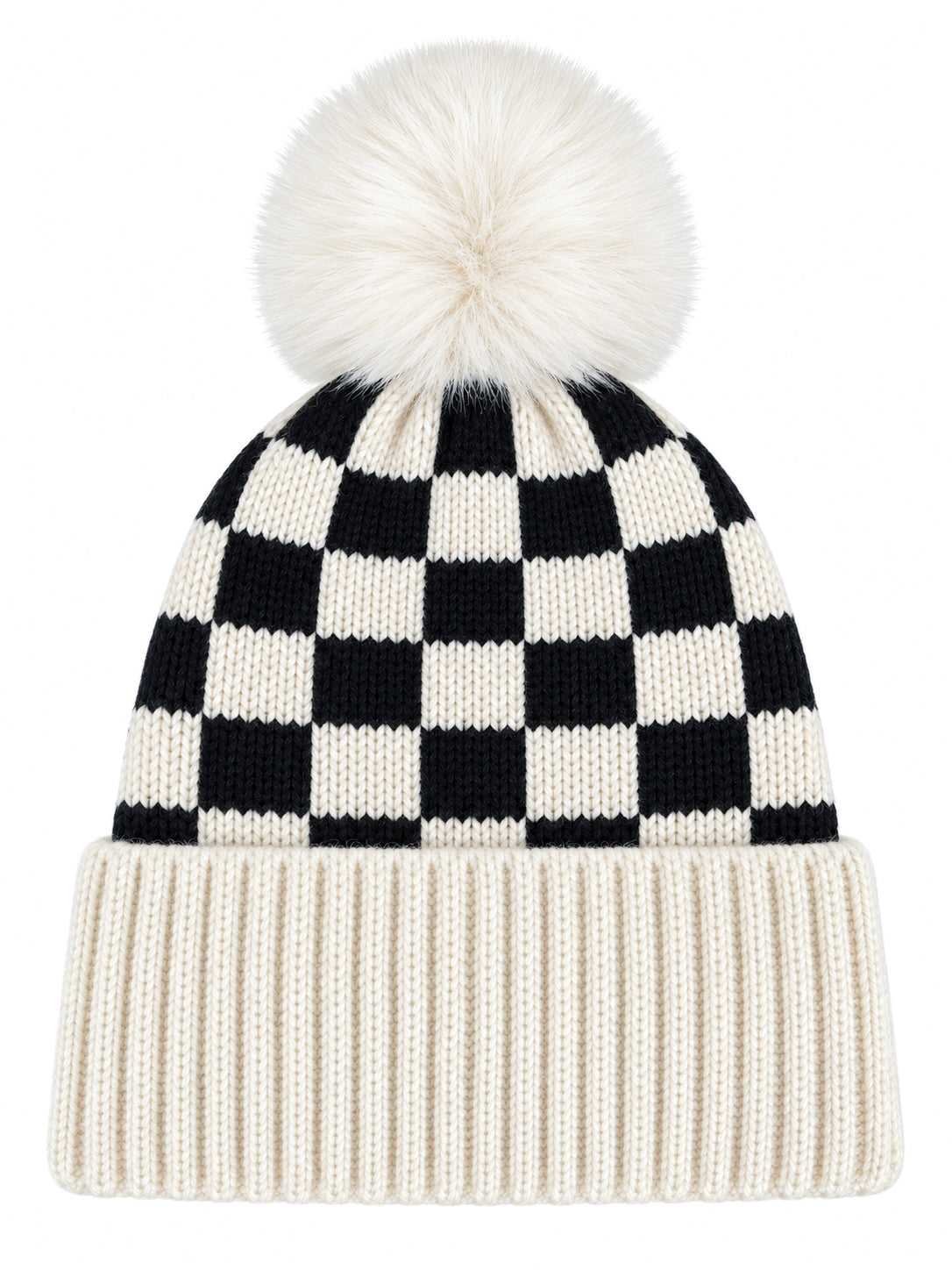 Checkerboard Fur Pom Hat, Cream