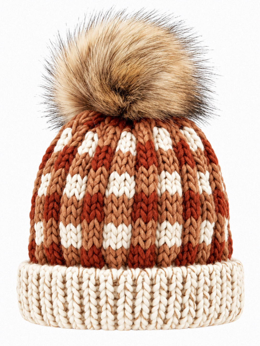 Buffalo Check Fur Pom Hat, Sienna