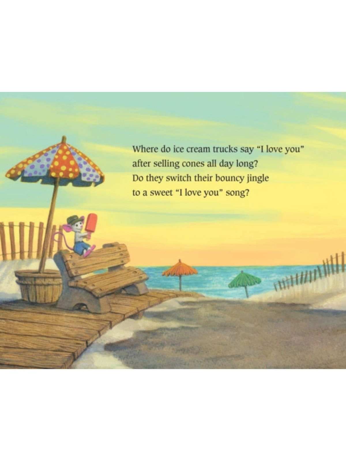 Illustration of a beach scene with colorful umbrellas, a bench, and a mouse holding an ice cream cone. Text prompts a whimsical question.