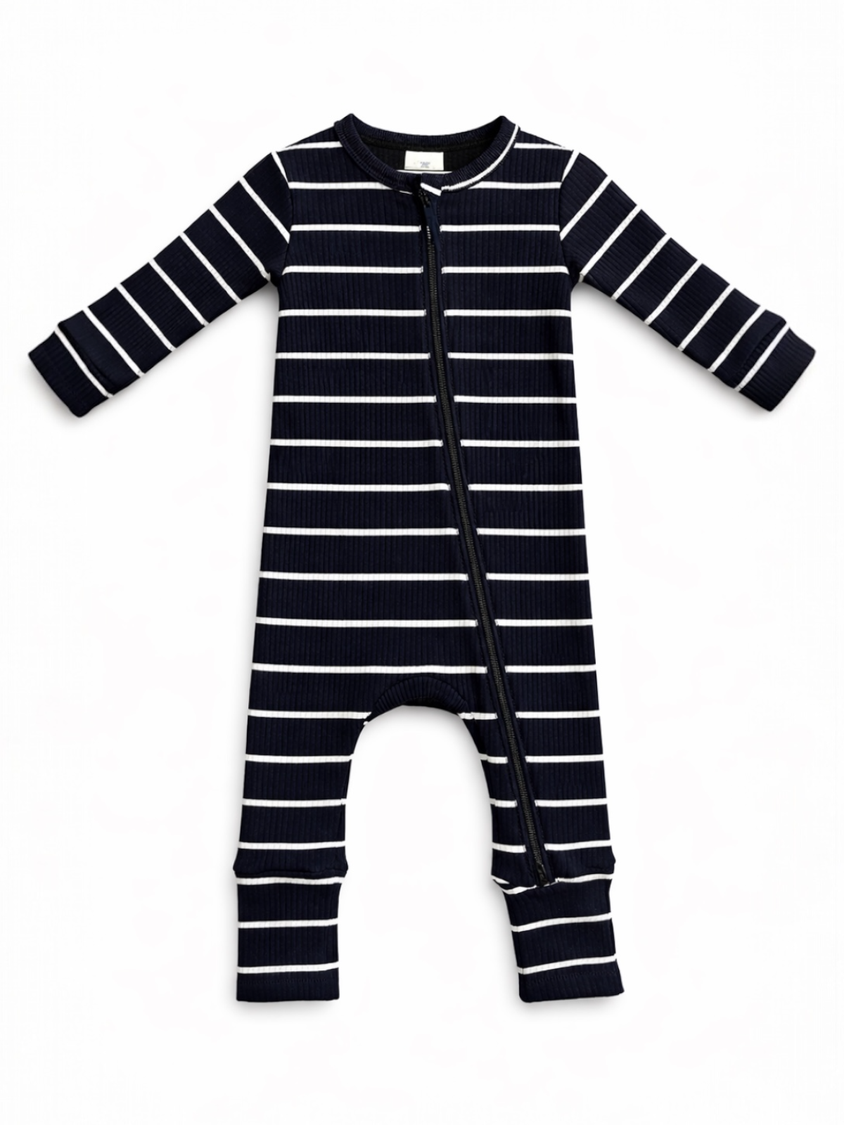 Navy and white striped infant onesie with long sleeves and a front zipper. Suitable for baby sleepwear.