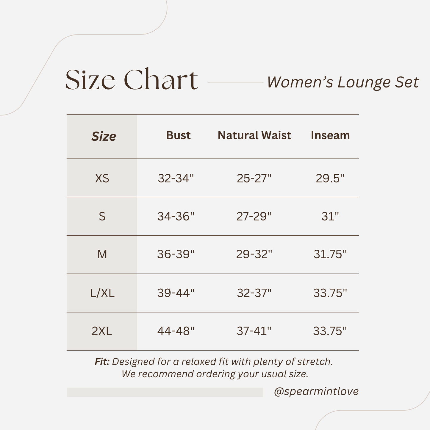 women’s lounge set size chart showing bust, waist, and inseam measurements for XS to 2XL, with fit guidance.