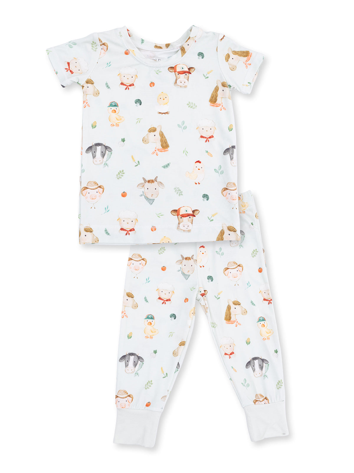 Child's pajamas featuring cute animal illustrations on a light background. Soft, comfy fabric for sleepwear.