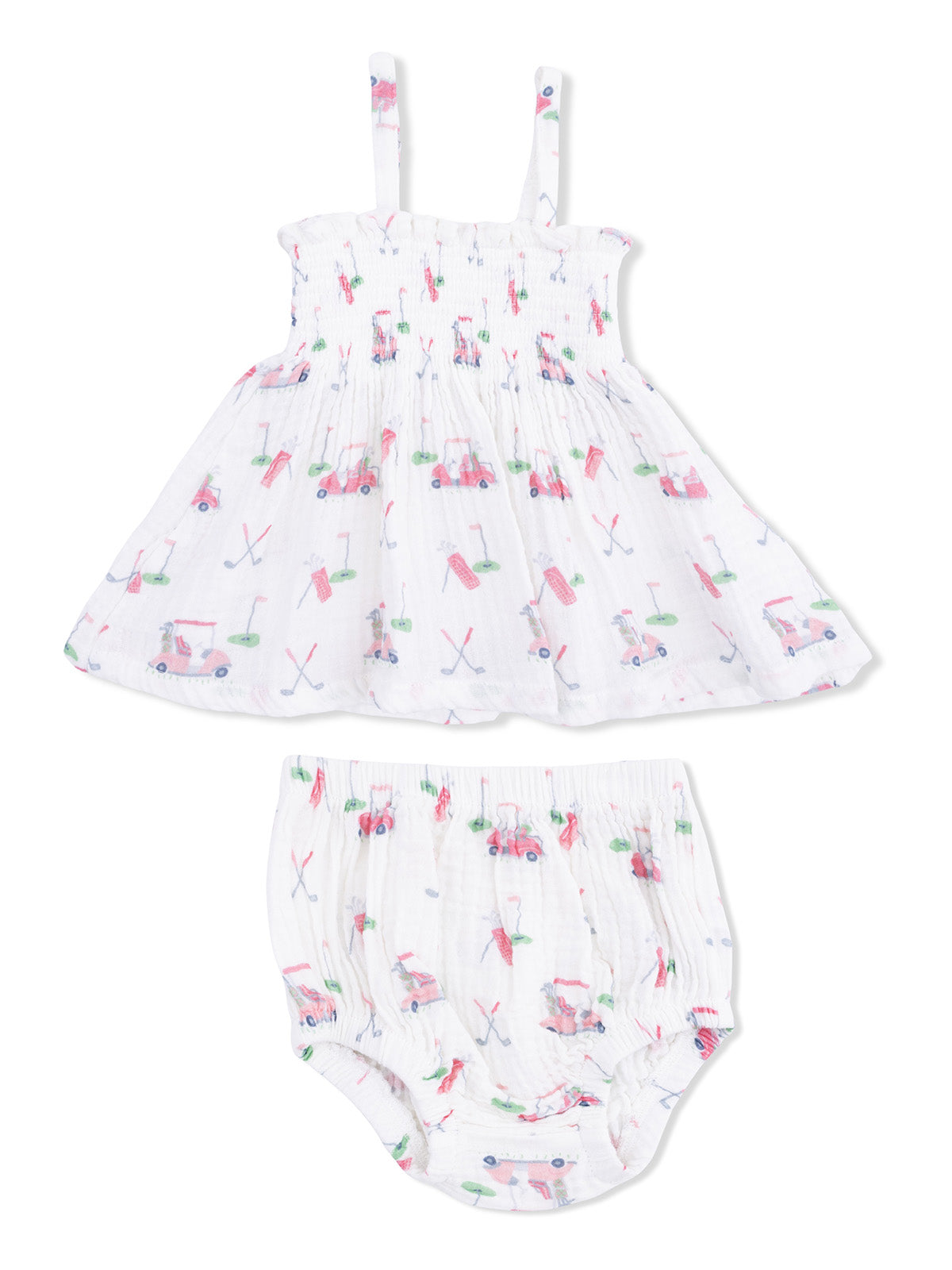 Girls' dress and bloomers set with playful golf-themed prints in pastel colors. Adjustable straps and soft fabric.