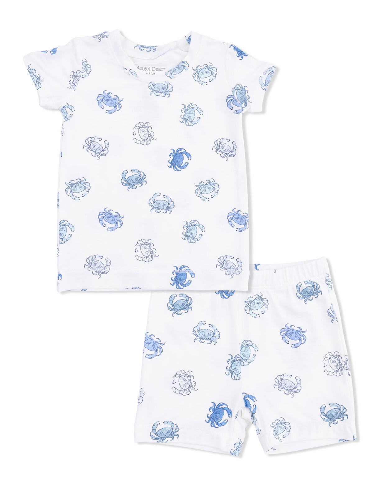 Children's short-sleeve pajama set with white fabric and blue crab prints. Includes a t-shirt and shorts.