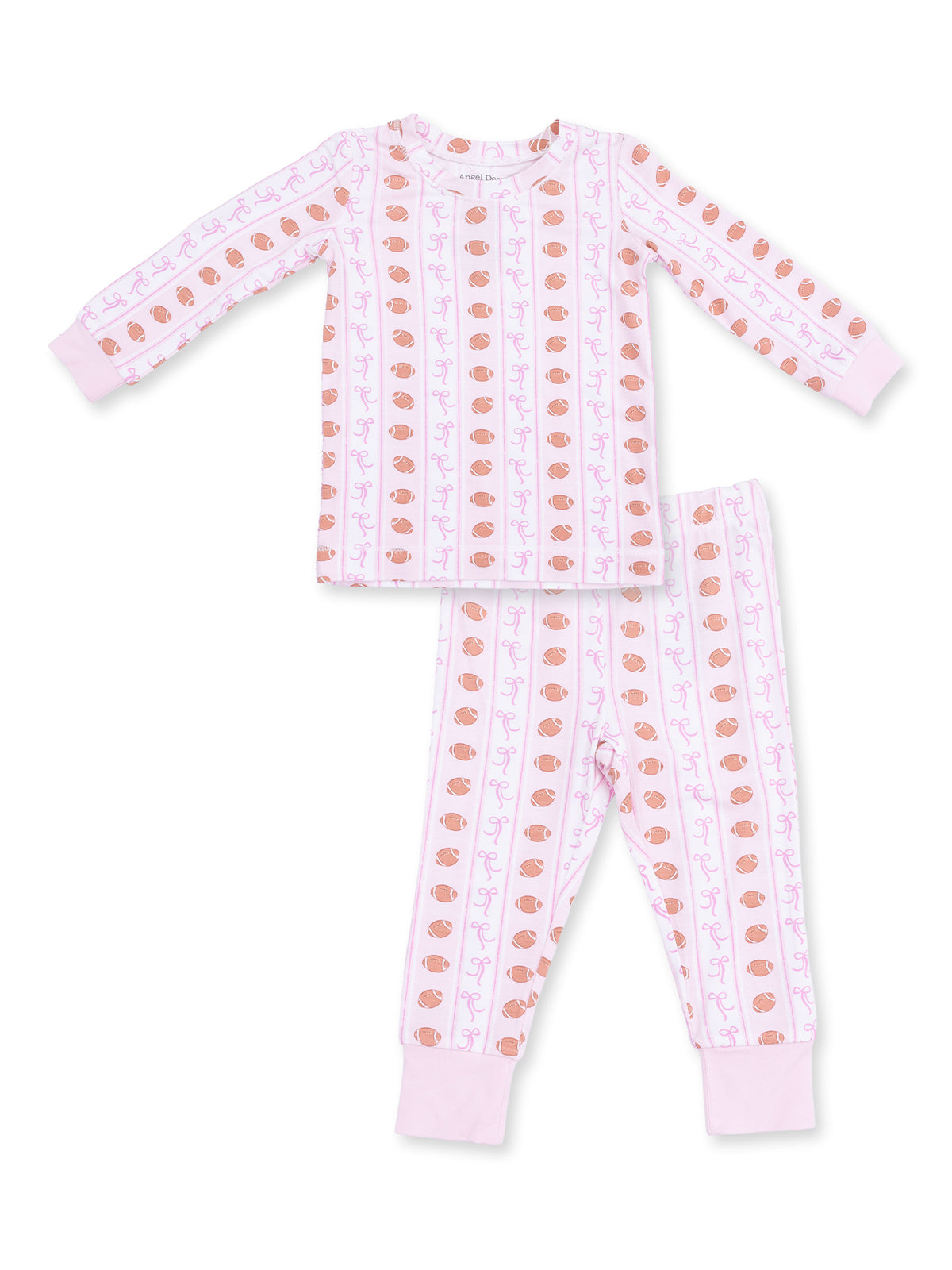 Kids' pajama set featuring a pink pattern with yarn balls and playful designs on a soft fabric background.