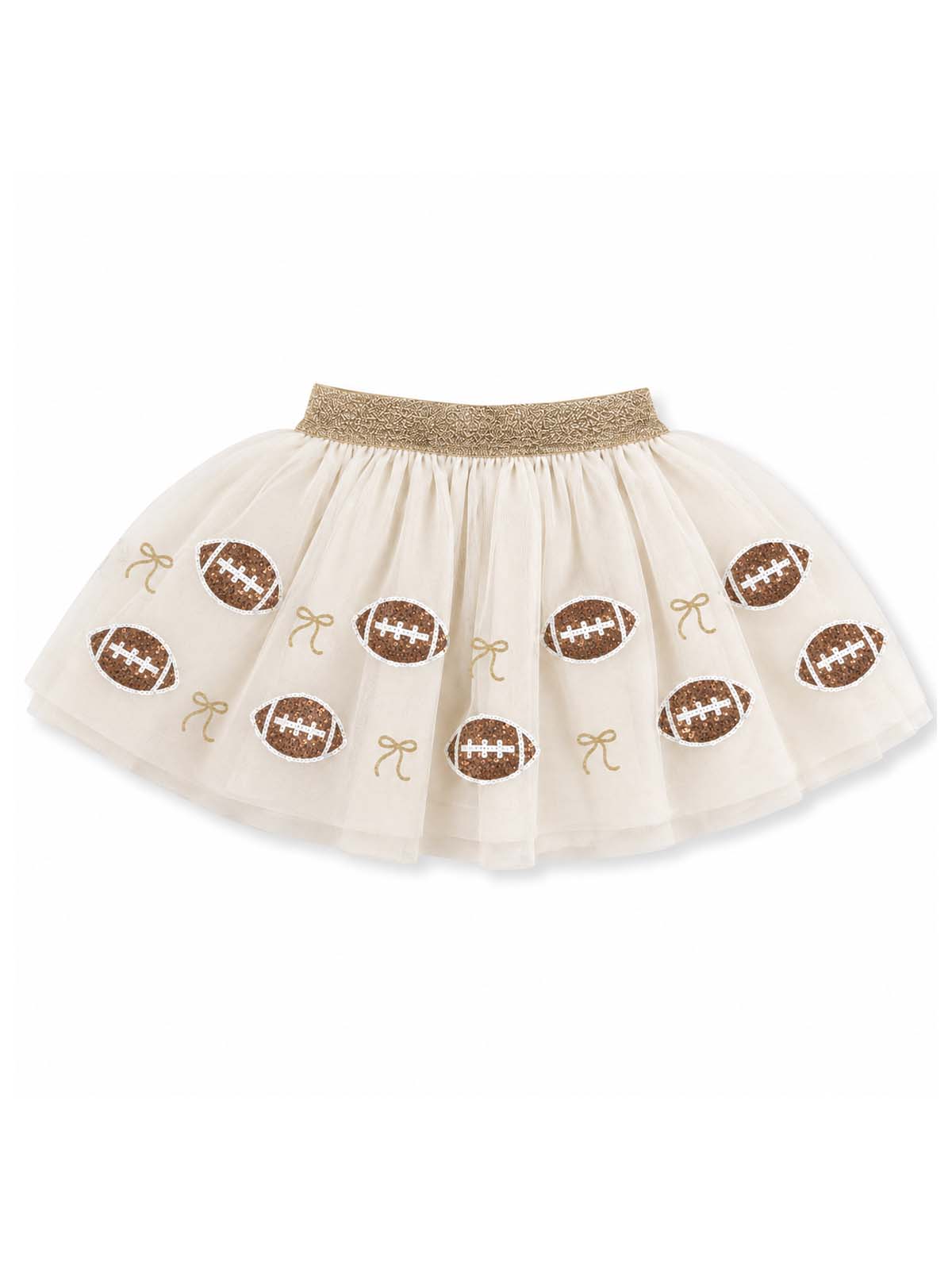 Cream-colored tutu skirt with football patterns and gold bows along the hem. Perfect for sports-themed occasions.