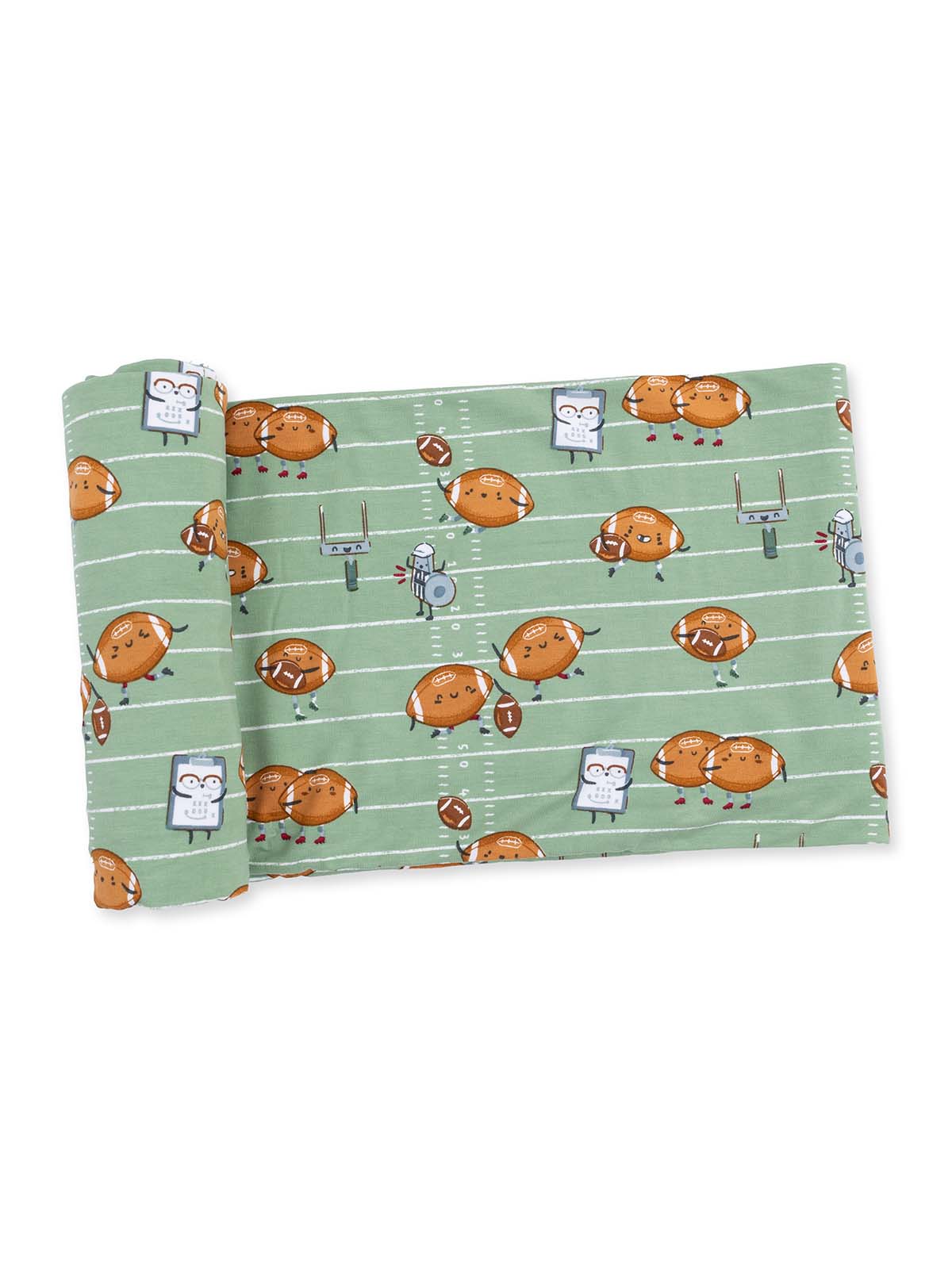 Green fabric featuring cartoonish footballs and playful characters on a football field design.