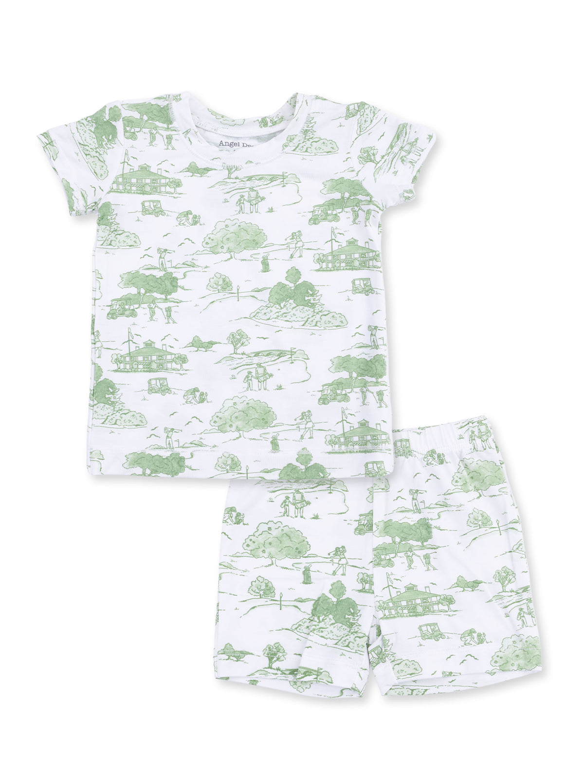 White children's pajamas set with green nature-themed illustrations of trees and landscapes.