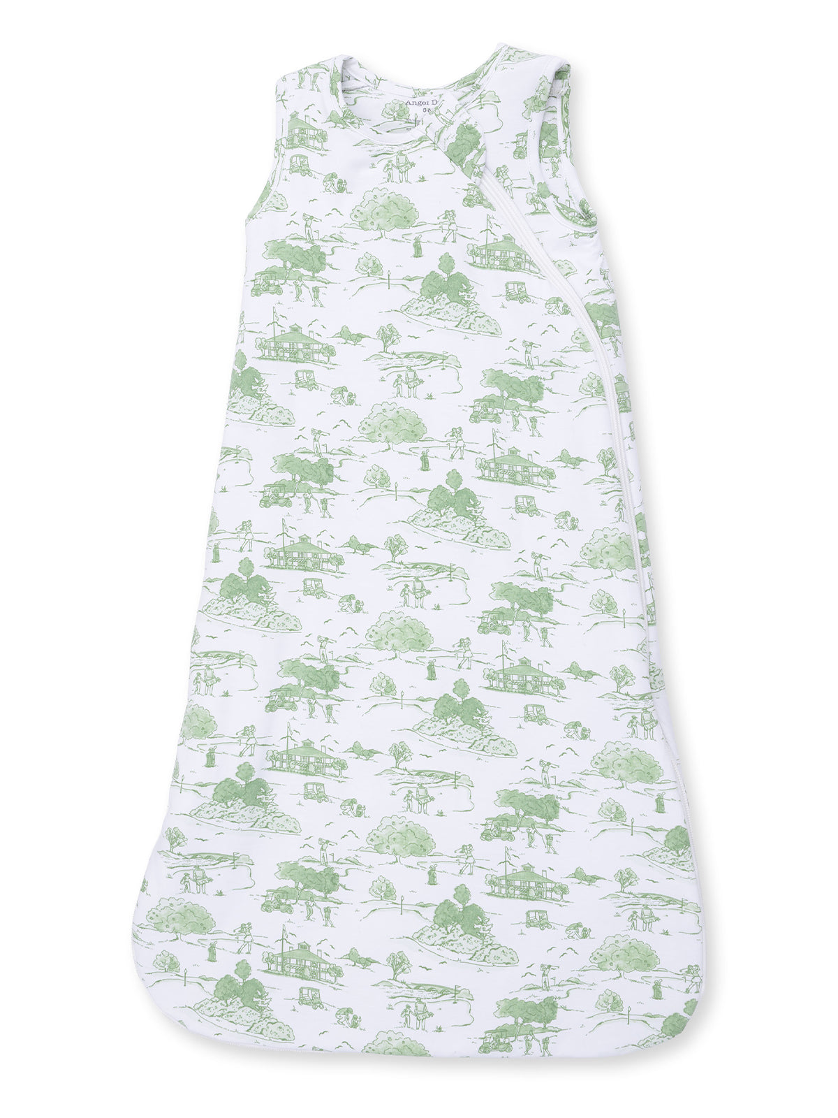 Lightweight white sleep sack with green nature-themed print, ideal for keeping babies warm and comfortable.