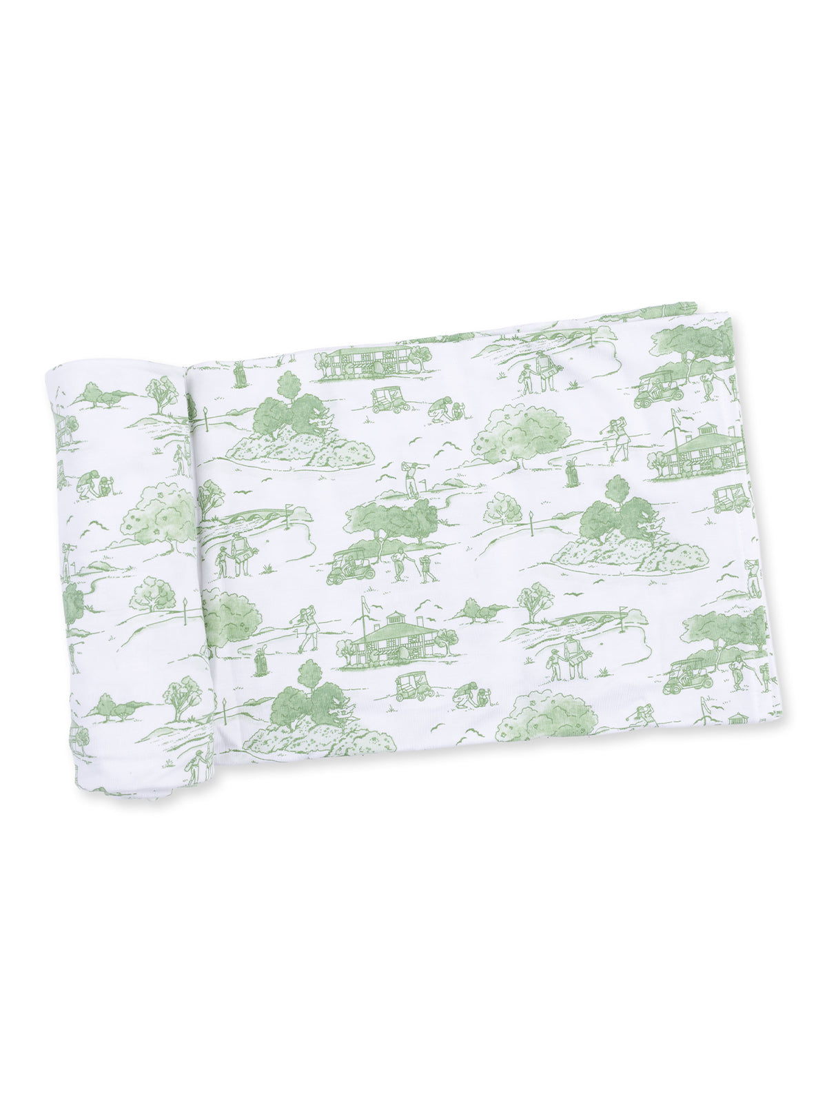 Green and white patterned fabric featuring scenic illustrations of nature and rural life.