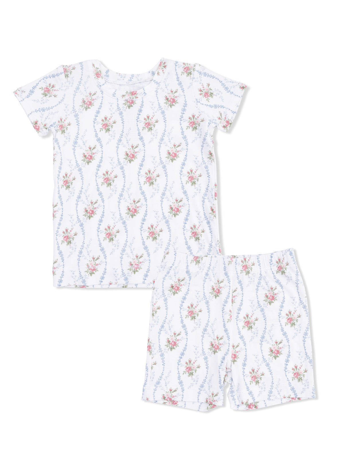 Floral-patterned children's pajama set, featuring a short-sleeve top and elastic waistband shorts.