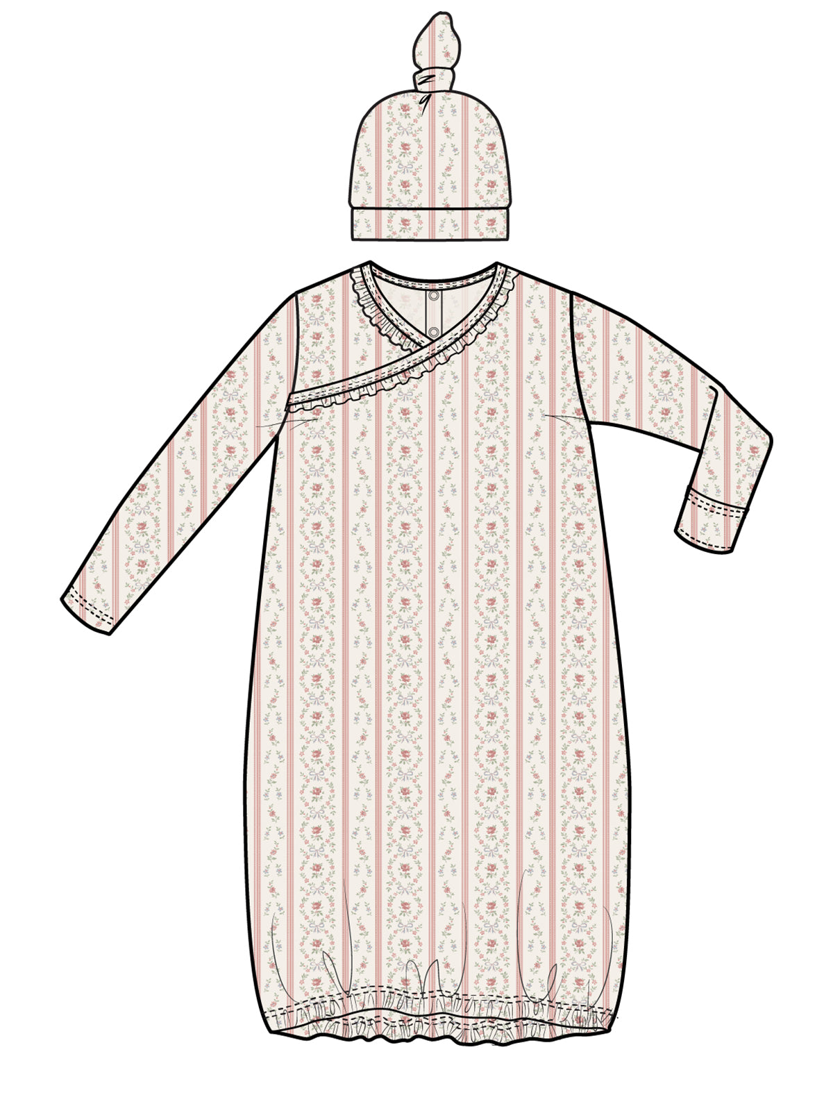 Floral striped baby nightgown with long sleeves and a matching hat, featuring a knotted top.
