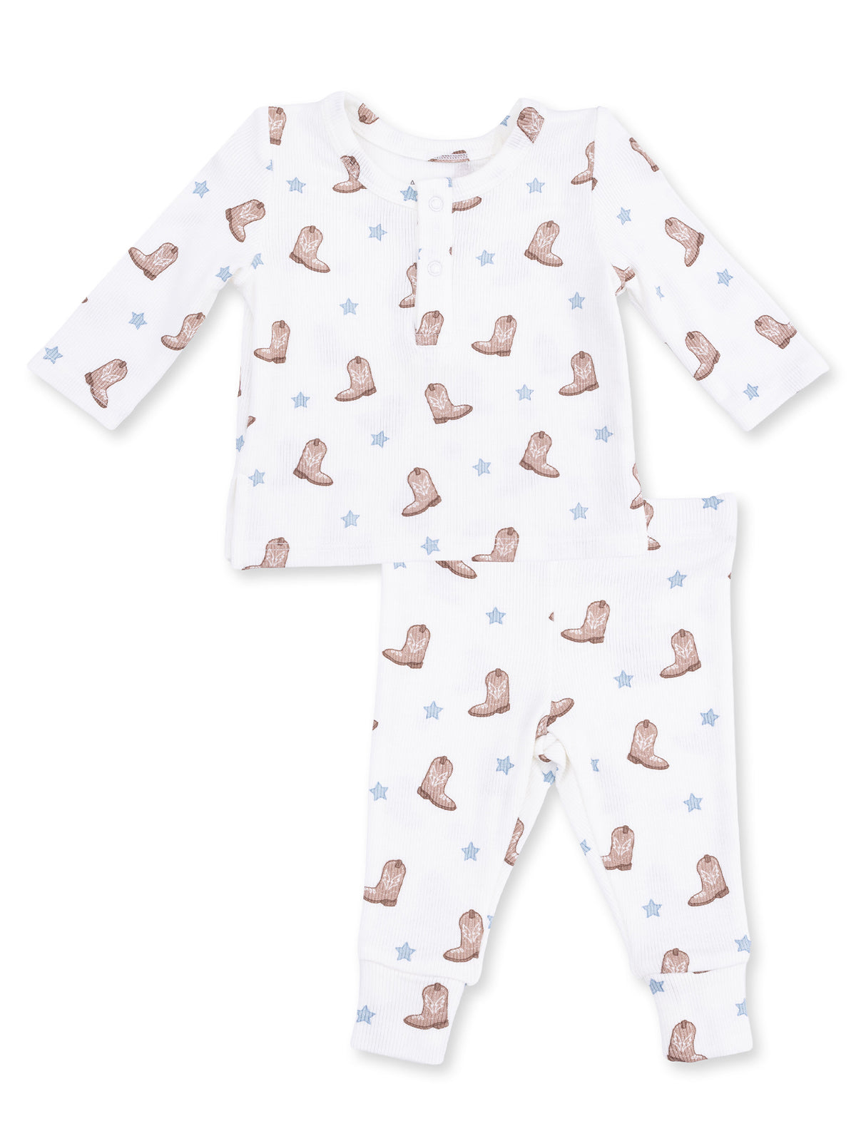 Cotton baby pajama set featuring an all-over cowboy boot and star pattern in neutral colors.