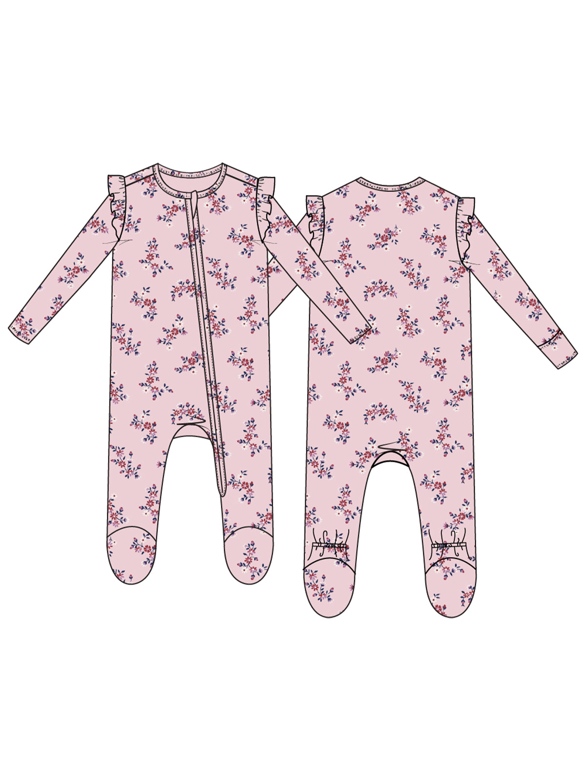 Velour Ruffle Sleeve 2-Way Zip Footie, Nora Floral
