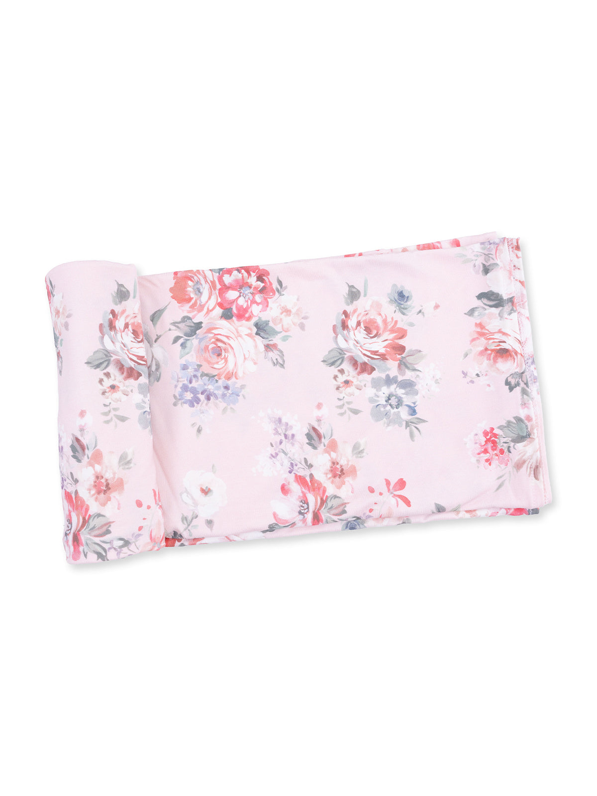 Floral-patterned fabric with pink background, featuring roses and small flowers in various colors.
