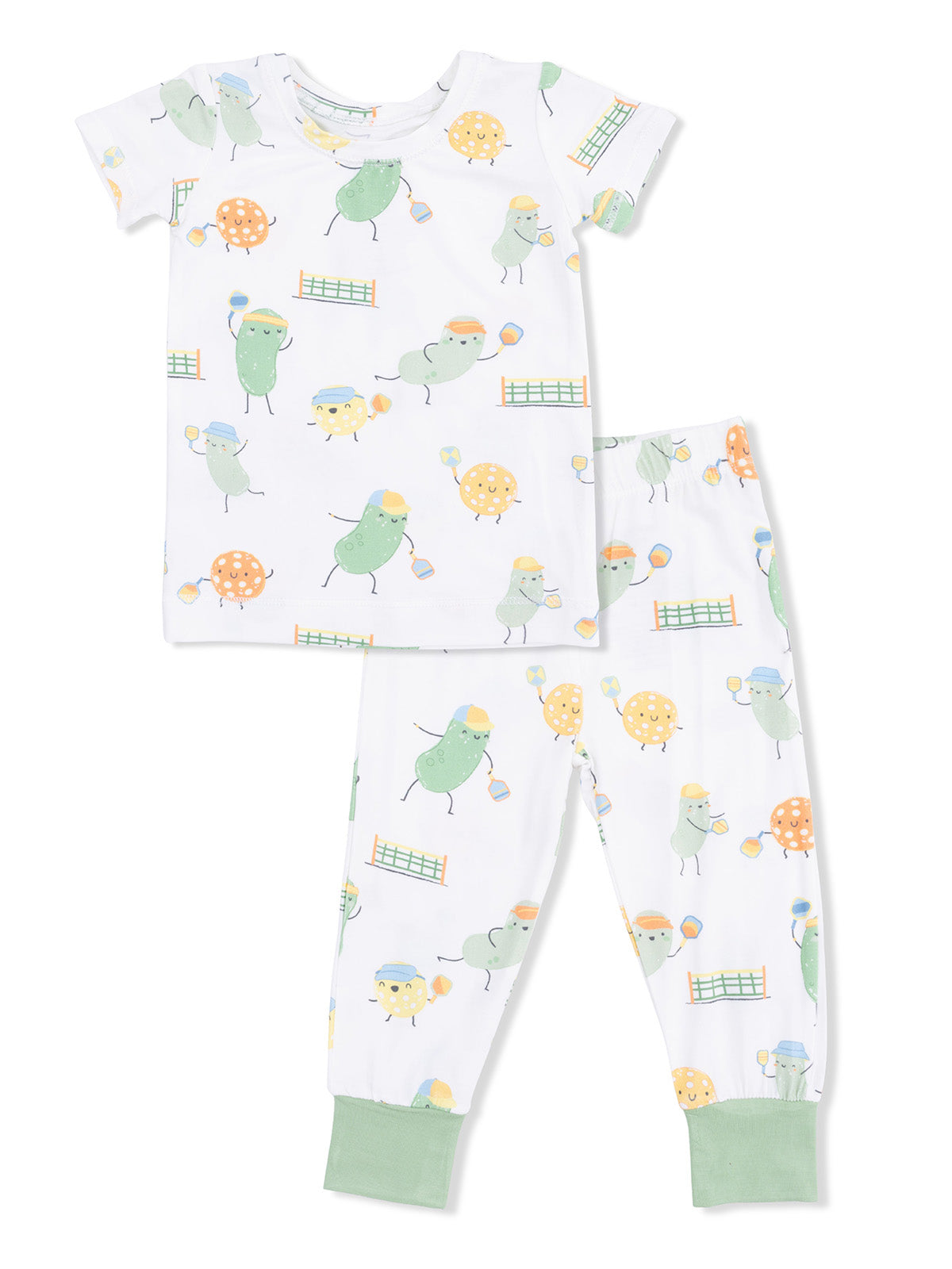 Children’s pajamas featuring playful colorful birds and treats on a white background with green accents.