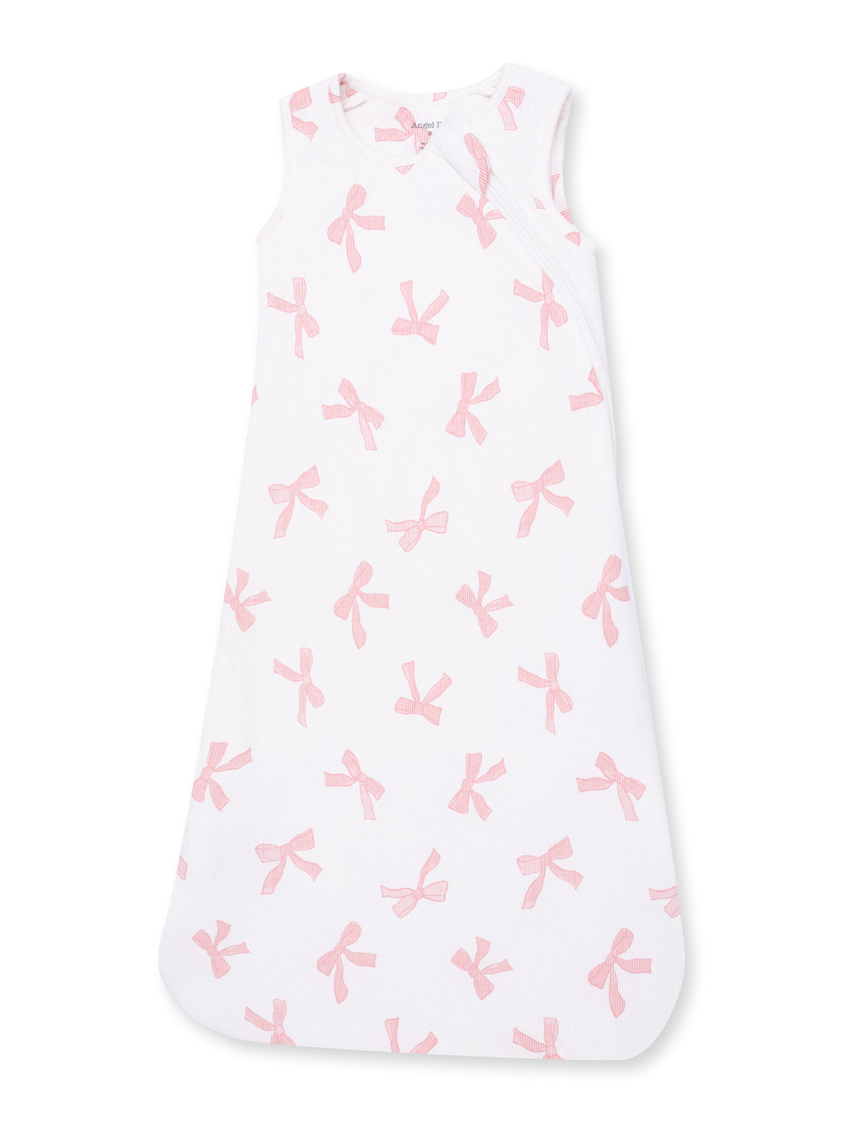White sleeveless sleep sack with pink bows pattern for babies.