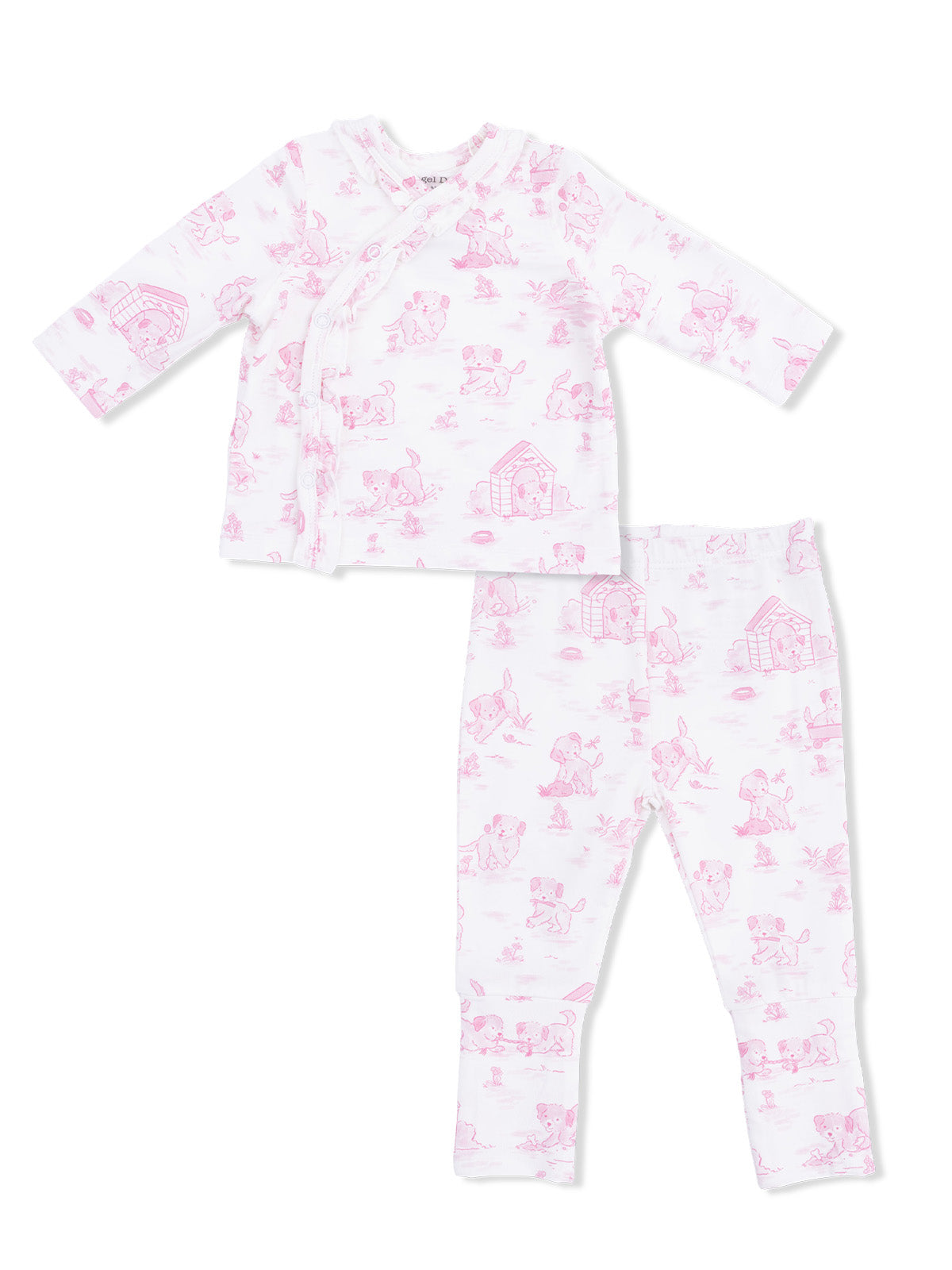 Pink children's pajama set featuring playful animal prints of puppies and their surroundings.