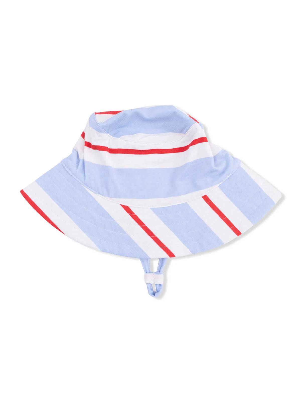 Multicolored striped bucket hat in blue, white, and red, featuring a chin strap for secure fit.