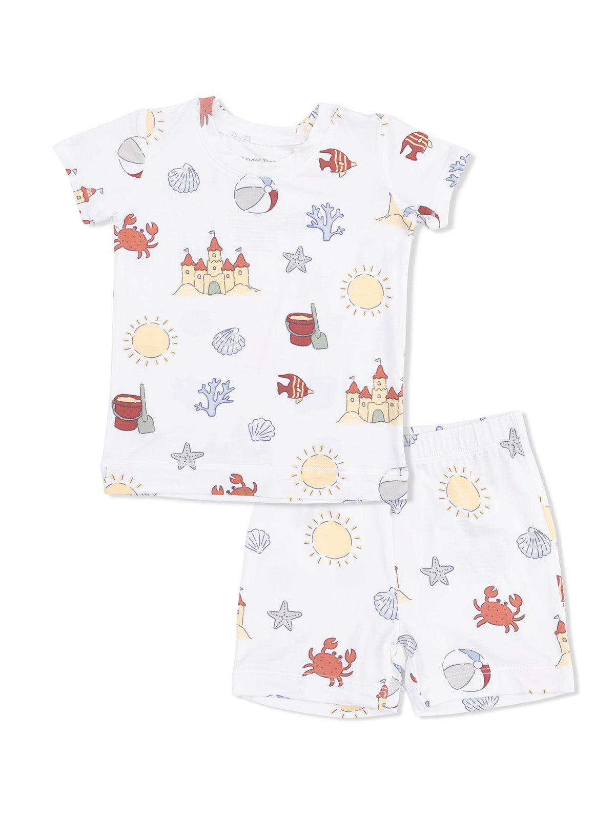 Children's beach-themed pajama set featuring castles, crabs, suns, and sea creatures on a white background.