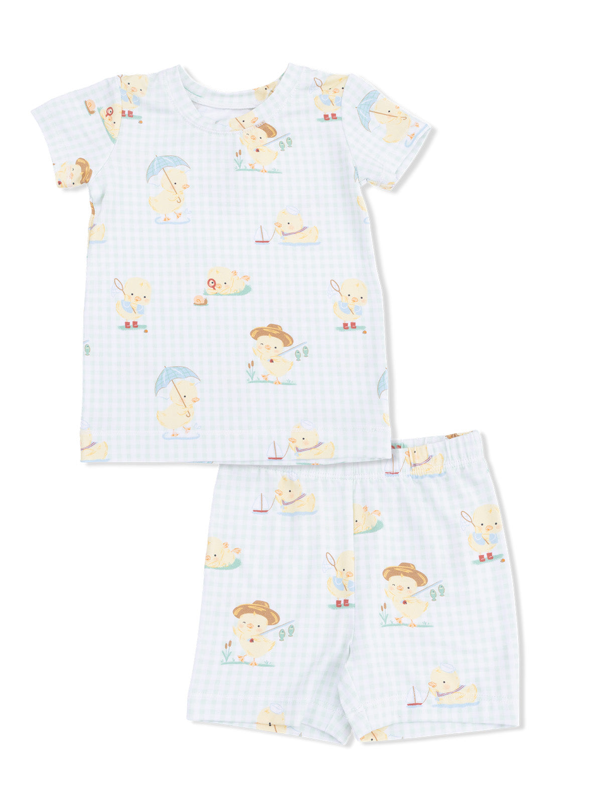 Baby pajamas set featuring playful duck illustrations on a light blue gingham background.