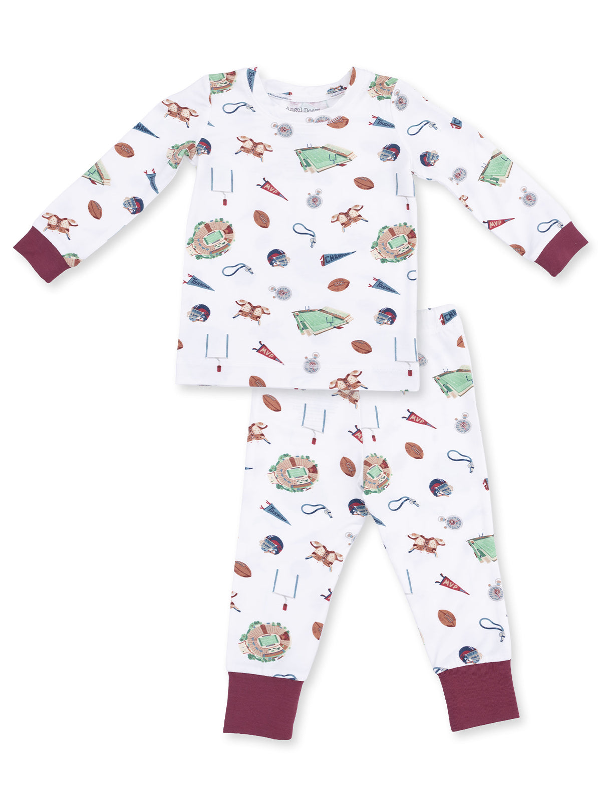 White kids' pajamas featuring colorful sports-themed patterns, including footballs and trophies, with maroon cuffs.