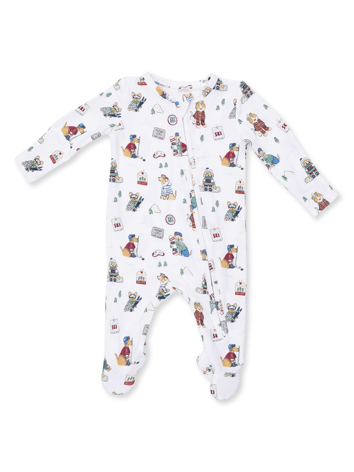 White onesie with playful skiing animal prints, featuring long sleeves and a front zipper.
