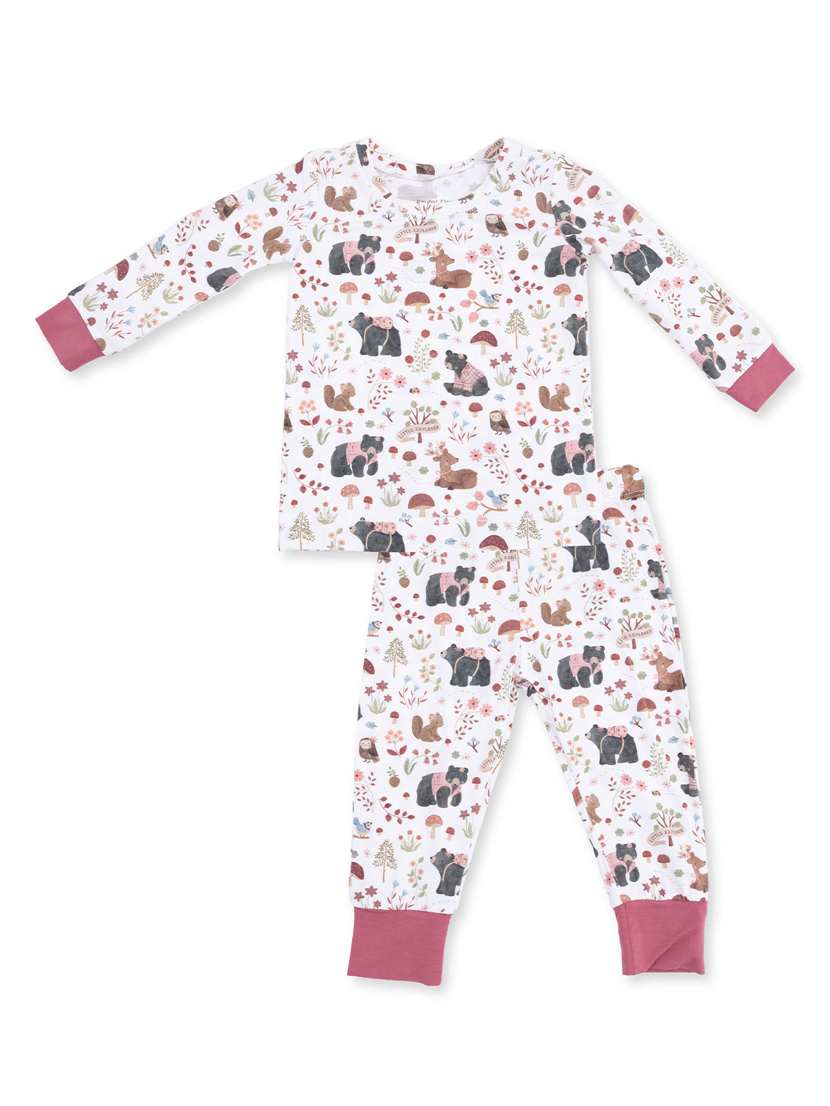 Kids' pajama set featuring playful animal and nature patterns in soft pastel colors.