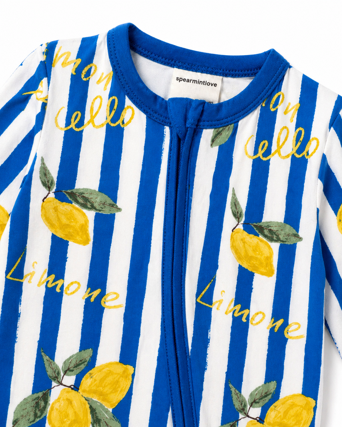 Blue and white striped onesie with lemon print and "Limone" lettering from SpearmintLOVE.