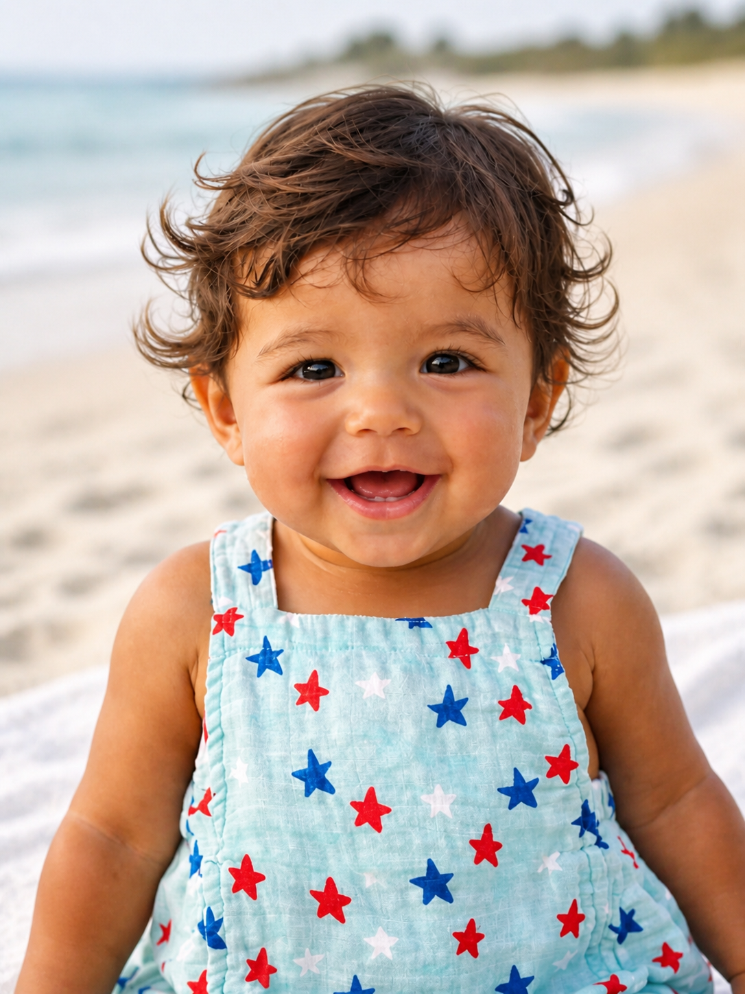 Smiling baby with curly hair in a blue star-patterned outfit sitting on the beach by the ocean.