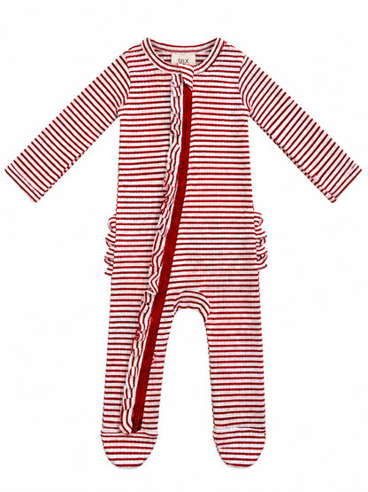 Red and white striped baby onesie with long sleeves and a front zip, featuring ruffle details on the sides.