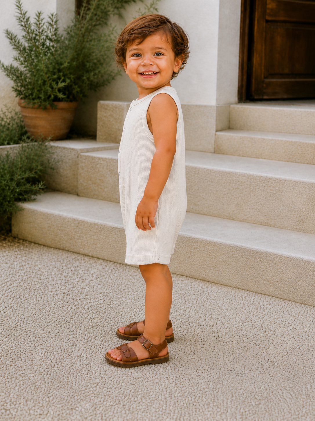 Smiling child in a light outfit stands on steps with greenery in the background, wearing brown sandals.