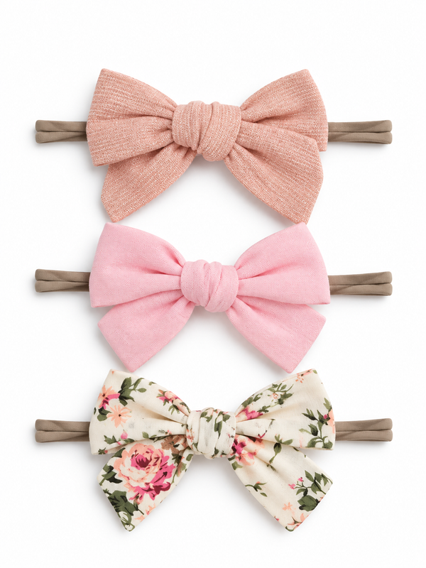 Three hair bows in pinks and floral patterns on elastic bands, arranged in a stacked layout.